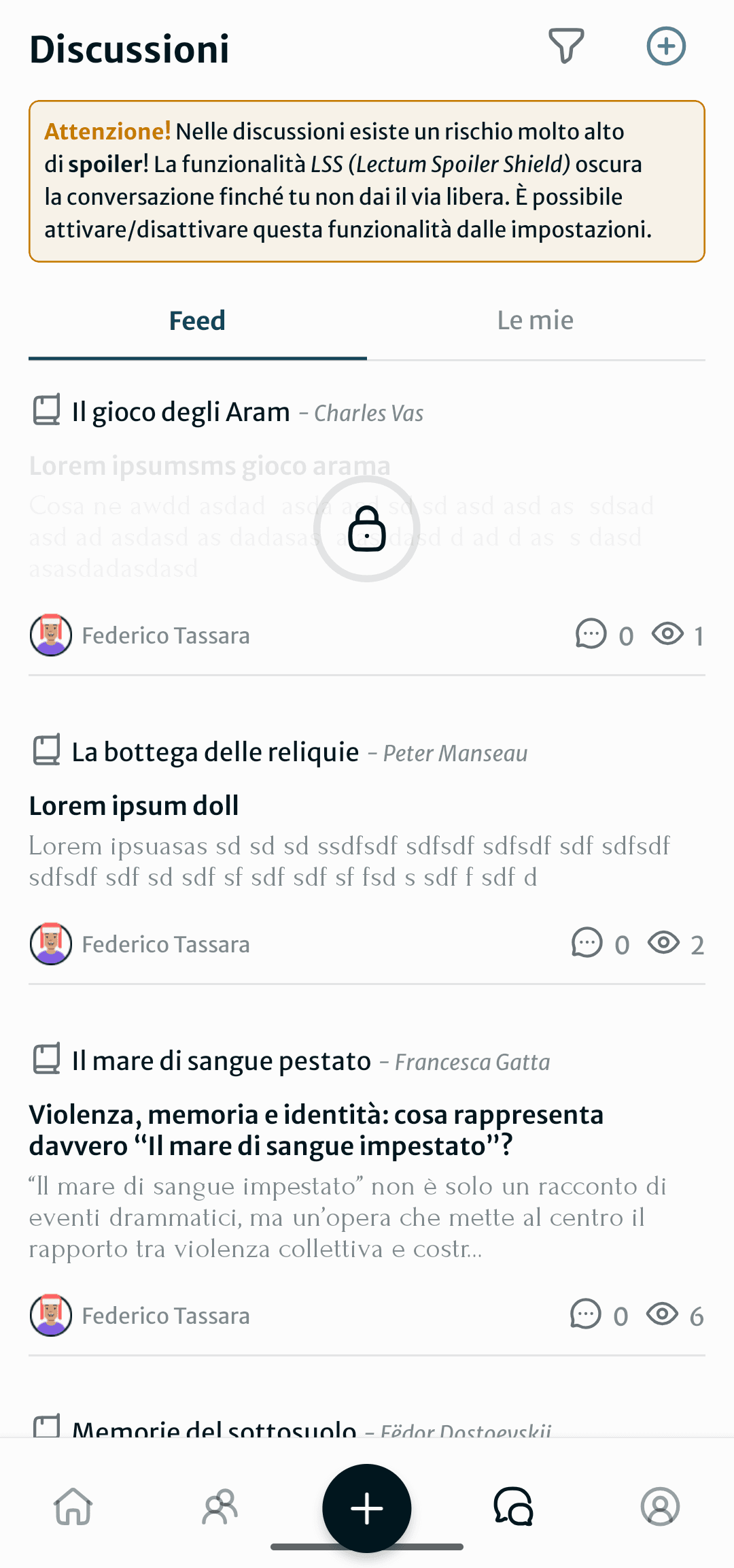 Schermata discussioni pubbliche su un libro in Lectum